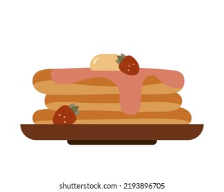 Stack of pancakes served with butter and strawberry jam.
