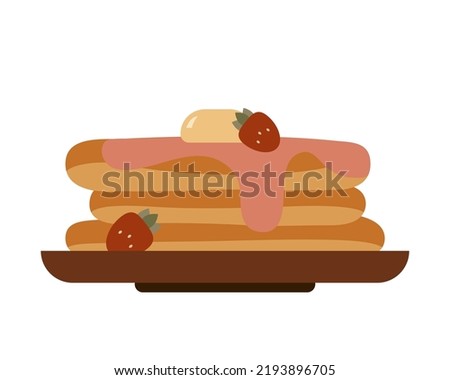 Stack of pancakes served with butter and strawberry jam.