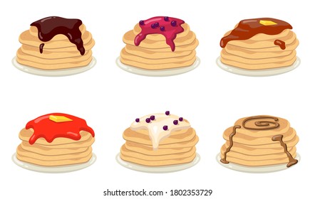 Stack of pancakes set. American breakfast dish with various toppings, blueberry jam, chocolate syrup. Vector illustrations for cafe menu, bakery, baking concepts