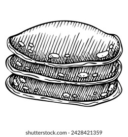 Stack of pancakes sketch. Bakery. Breakfast food. Hand drawn vector illustration.