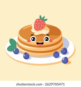 A stack of pancakes with a smiling face, topped with cream and a strawberry, surrounded by blueberries on a white plate.