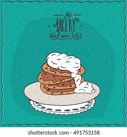 Stack of pancakes with sour cream, lie on lacy napkin. Cyan background and ornate lettering bakery. Handmade cartoon style. Vector illustration