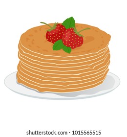 Stack of pancakes with strawberries and mint leaves. Hand drawn illustration. Shrovetide, Maslenitsa
