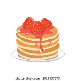 A stack of pancakes with strawberry syrup on a plate. Vector flat cartoon illustration. White background, isolated.