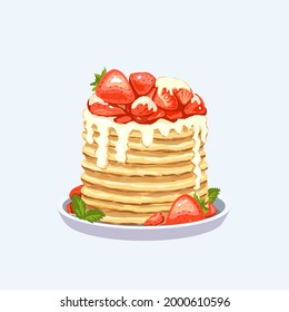 Stack of pancakes with strawberry syrup on a plate. Tasty breakfast. Cartoon Vector illustration. White background, isolated.
