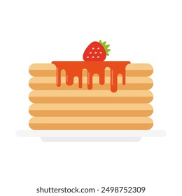 stack of pancakes with strawberry syrup on plate, cartoon flat vector  illustration isolated on white background