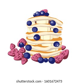 Stack of pancakes with syrup and berries. Hand drawn vector illustration.