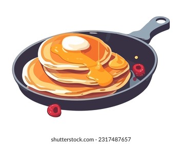 Stack of pancakes with syrup and berries icon isolated