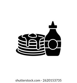 Pila de panqueques con botella de jarabe y símbolo de entrega que representa la entrega del desayuno