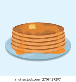 Pila de panqueques con jarabe y mantequilla en un plato azul. Ideal para el desayuno, o temas relacionados con la comida. Ilustración, Vector.