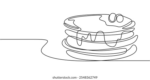 Pila de panqueques con jarabe y fruta en continuo dibujo de línea, que representa delicioso desayuno y comida de confort.