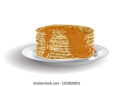 stack of pancakes and syrup isolated on white