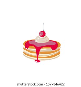 Stack of pancakes with syrup, whipped cream and berries. Hand drawn vector illustration.
