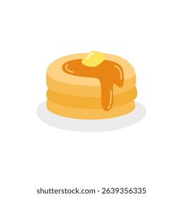 A stack of pancakes topped with butter and maple syrup, shown in warm flat design. Great for breakfast, cafe, brunch, or diner menus