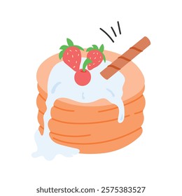 Stack of pancakes topped with fresh fruits and syrup