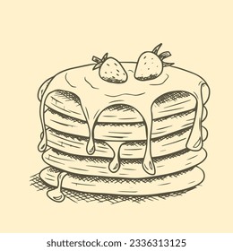 Una pila de crepes con mermelada y fresas en la parte superior. Esbozo dibujado a mano, ilustración vectorial.