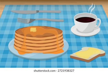 Una pila de panqueques rematados con jarabe y mantequilla servidos con una taza de café y una tostada en un mantel a cuadros azules. Desayuno, Ilustración, Vector.