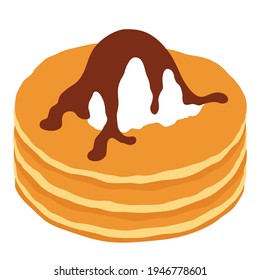 Pistas de crepes con helado de vainilla y jarabe de chocolate sobre fondo blanco. Vista isométrica. Vector