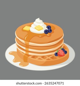 A stack of pancakes and a waffle, topped with whipped cream, butter, berries, and syrup.