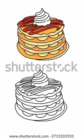 Stack pancakes with whipped cream illustration coloring book