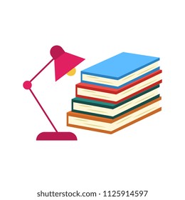 Stack of paper books with colorful hardcovers and reading-lamp isolated on white background. Flat vector illustration of literature for education or reading leisure with desk lamp.