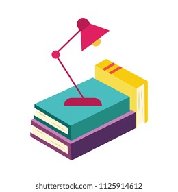 Stack of paper books with colorful hardcovers and reading-lamp isolated on white background - textbooks for education or literature for reading leisure in flat vector illustration.