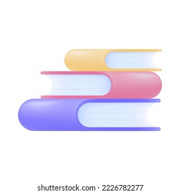 Stack of paper books with purple, red and yellow covers 3D icon. Pile of textbooks, dictionary or encyclopedia for study 3D vector illustration on white background. Bookstore, library concept