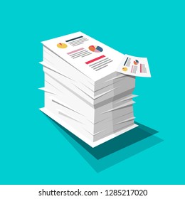 Stack of Paper. Business Documents with Graphs and Text Pile. Vector Flat Design Documents Illustration on Blue Background.