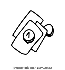 A stack of paper and coin money in doodle style isolated on white background. Sign icon. Vector outline illustration. Usable as icon or symbol. Decoration element. Hand drawn black sketch. Money game.