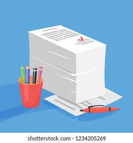 Stack of paper document with stamp on them. Pile of work file. Financial data. Flat vector illustration