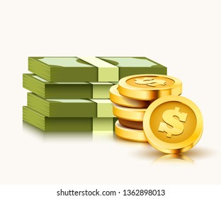 Stack of paper dollars and golden coins isolated on white background. Vector illustration