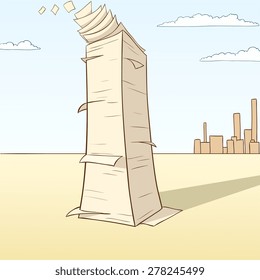Stack of paper flying away on desert landscape background. Vector illustration.