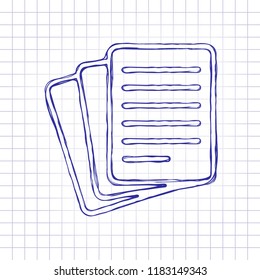 Stack Of Paper icon. Hand drawn picture on paper sheet. Blue ink, outline sketch style. Doodle on checkered background
