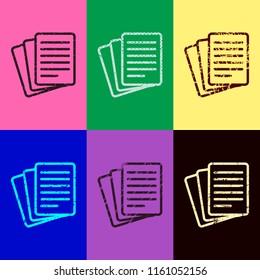 Stack Of Paper icon. Pop art style. Scratched icons on 6 colour backgrounds. Seamless pattern