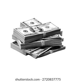 Pila de papel moneda en estilo de semitono negro aislado sobre fondo blanco. Concepto de finanzas, riqueza, efectivo, ingresos, ganancias, ahorros y éxito comercial. Ilustración mínima.