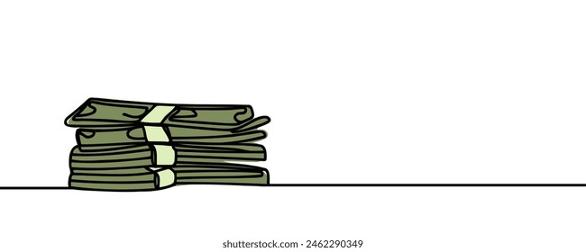 a stack of paper money, cash, banknotes, dollars, in one line. Continuous line drawing of dollars.