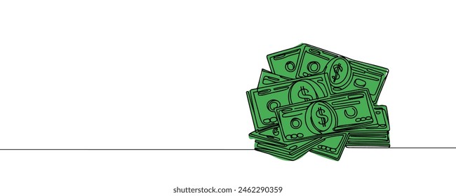 a stack of paper money, cash, banknotes, dollars, in one line. Continuous line drawing of dollars.