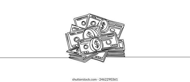 a stack of paper money, cash, banknotes, dollars, in one line. Continuous line drawing of dollars.