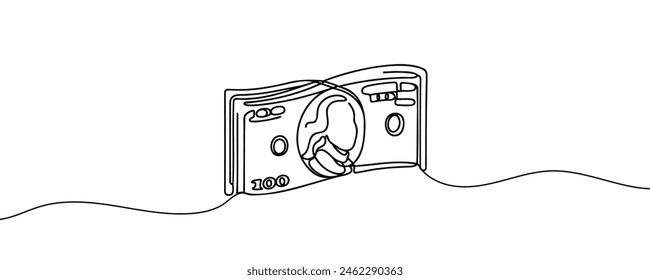 a stack of paper money, cash, banknotes, dollars, in one line. Continuous line drawing of dollars.