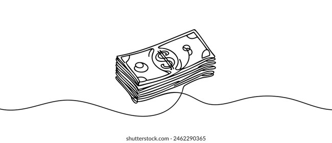 a stack of paper money, cash, banknotes, dollars, in one line. Continuous line drawing of dollars.