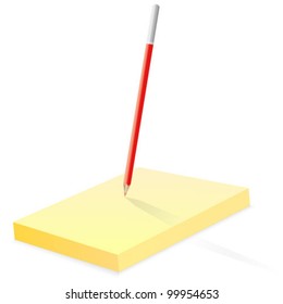 stack of paper and a red pencil isolated on white background