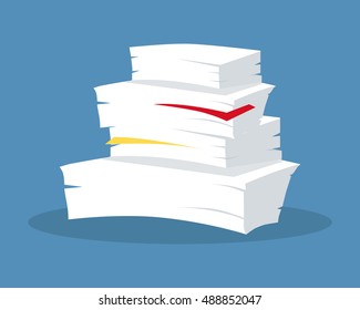 Stack of papers. Large number of business documents with bookmarks. Paper work, office routine, bureaucracy concept in flat design. Illustration for data, e-mail, management, services. On blue.