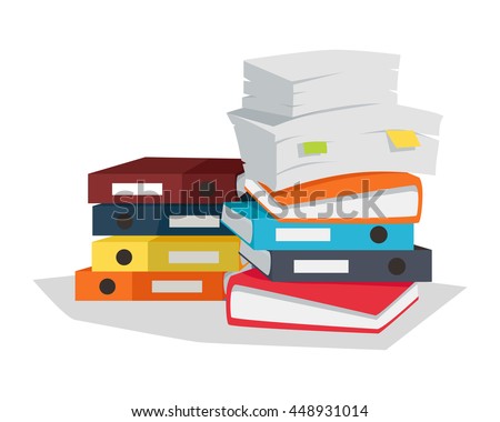 Stack of papers. Large number of business documents with bookmarks. Colorful binders.Paper work, office routine, bureaucracy concept. Flat design. Illustration for data, e-mail, management, services.