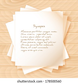 Stack of papers on wooden background. Vector illustration