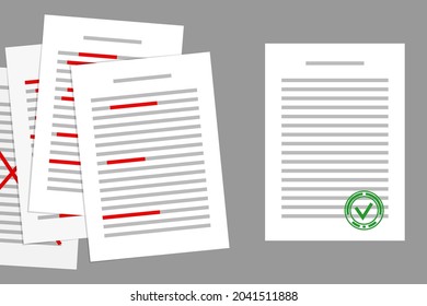 Stack of papers with red corrections, and final corrected document with green approval sign. Concept of text correction, document preparation, making edits by editor or proofreader