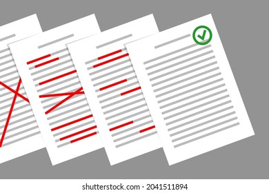 Stack of papers with red corrections, and final corrected document with green approval sign. Concept of text correction, document preparation, making edits by editor or proofreader