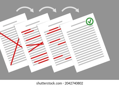 Stack of papers with red corrections, and final corrected document with green approval sign. Concept of text correction, document preparation, making edits by editor or proofreader