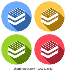 stack of papers, simple symbol or icon. Set of white icons with long shadow on blue, orange, green and red colored circles. Sticker style