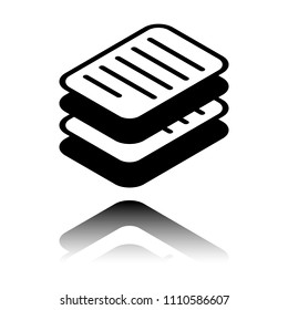 stack of papers, simple symbol or icon. Black icon with mirror reflection on white background