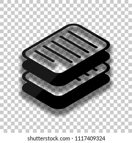 stack of papers, simple symbol or icon. Black glass icon with soft shadow on transparent background